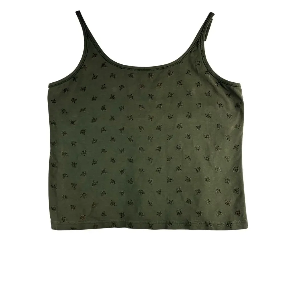 Y2K Isabella Bird Crop Spaghetti Strap Tank W/Bra Shelf Women’s XL Green Floral